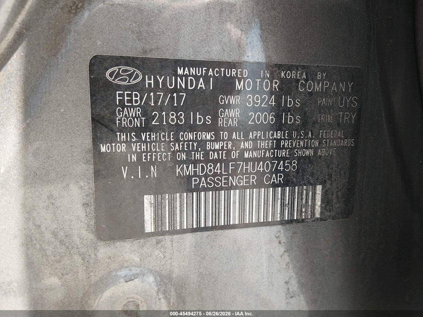 2017 Hyundai Elantra VIN KMHD84LF7HU407458 IAAI salvage auction — NORMAL WEAR, Clear (Louisiana), sold $3,950 on 2026-07-06 (photo 9)