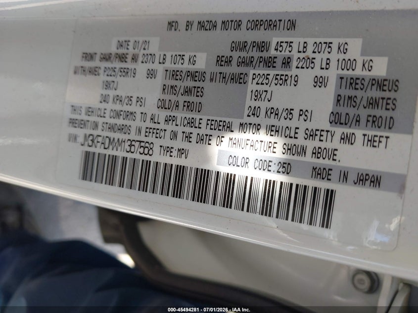 2021 Mazda Cx-5 VIN JM3KFADMXM1367568 IAAI salvage auction — SIDE, Salvage (California), sold $3,500 on 2026-07-28 (photo 9)