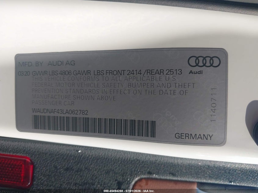 2020 Audi A4 VIN WAUDNAF43LA062782 IAAI salvage auction — REAR END, Salvage Title, sold $7,900 on 2026-07-25 (photo 9)