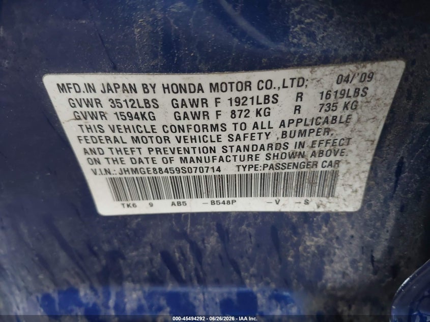 2009 Honda Fit VIN JHMGE88459S070714 IAAI salvage auction — NORMAL WEAR, Clear (Indiana), sold $375 on 2026-07-22 (photo 9)
