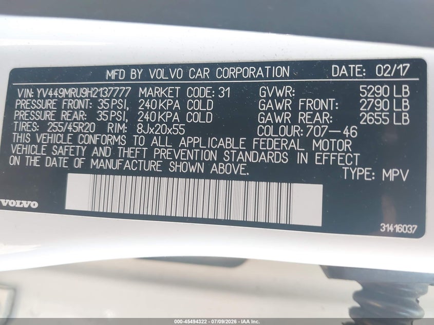 2017 Volvo Xc60 VIN YV449MRU9H2137777 IAAI salvage auction — FRONT END, Salvage (Idaho), sold $2,050 on 2026-07-17 (photo 9)