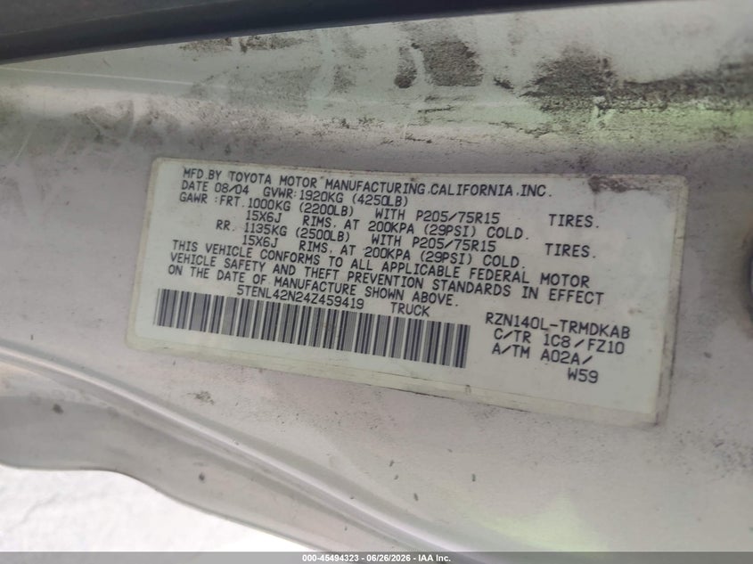2004 Toyota Tacoma VIN 5TENL42N24Z459419 IAAI salvage auction — RIGHT SIDE, Salvage (California), sold $3,350 on 2026-07-13 (photo 9)
