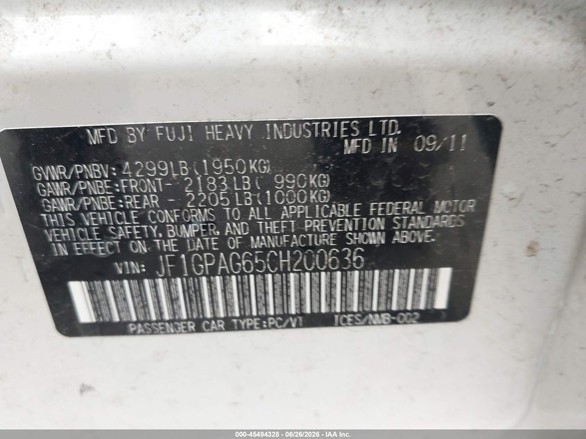 2012 Subaru Impreza VIN JF1GPAG65CH200636 IAAI salvage auction — REAR END, Salvage - Greater Than 75% (Maryland), sold $625 on 2026-07-22 (photo 9)