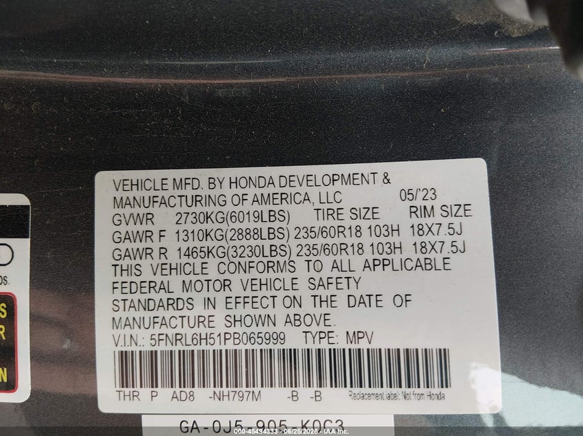2023 Honda Odyssey VIN 5FNRL6H51PB065999 IAAI salvage auction — NORMAL WEAR, SF97 (Oregon), sold $8,600 on 2026-07-29 (photo 9)