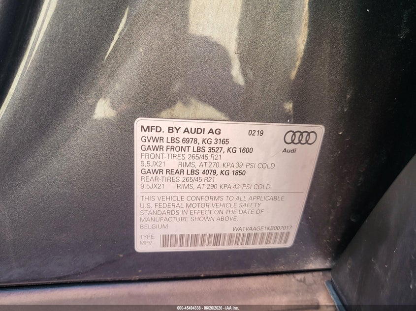 2019 Audi E-tron VIN WA1VAAGE1KB007017 IAAI salvage auction — NORMAL WEAR, Clear (Arizona), sold $8,100 on 2026-07-11 (photo 9)