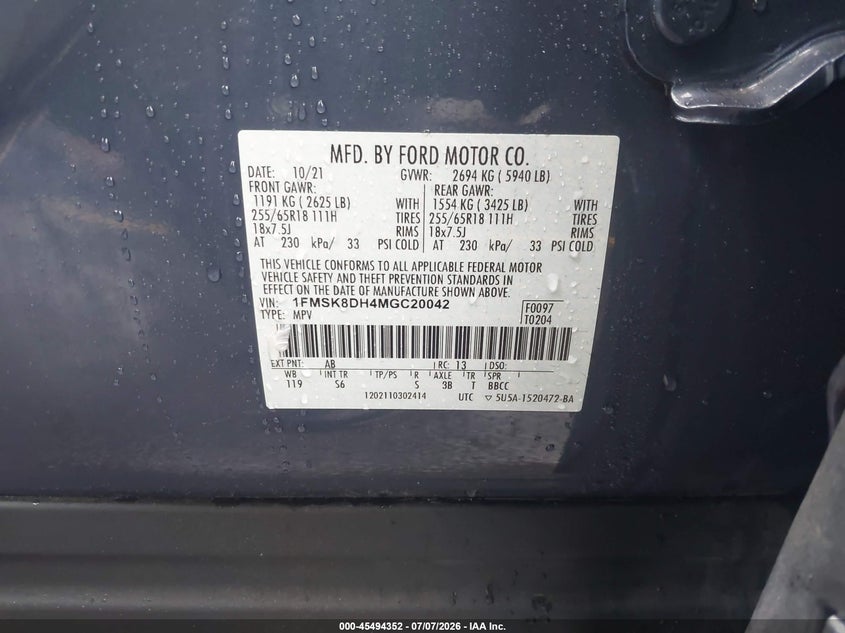2021 Ford Explorer VIN 1FMSK8DH4MGC20042 IAAI salvage auction — ELECTRICAL, Salvage (Connecticut), sold $7,000 on 2026-07-29 (photo 9)