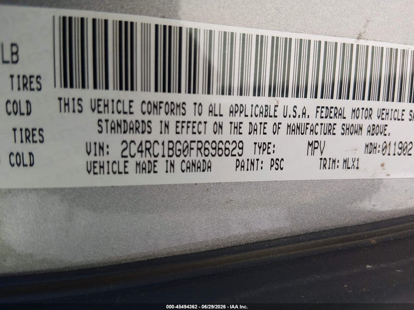 2015 Chrysler Town & country VIN 2C4RC1BG0FR696629 IAAI salvage auction — NORMAL WEAR, Clear-Dealer Only (Washington), sold $1,450 on 2026-07-17 (photo 9)