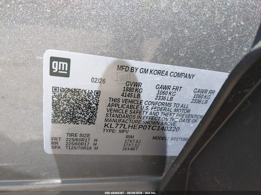2026 Chevrolet Trax VIN KL77LHEP0TC140320 IAAI salvage auction — WATER/FLOOD, Rebuildable (Florida), sold $7,550 on 2026-07-16 (photo 9)