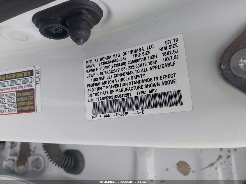2019 Honda Cr-v VIN 7FARW2H51KE041201 IAAI salvage auction — FRONT END, Salvage (Virginia), sold $5,750 on 2026-07-28 (photo 9)