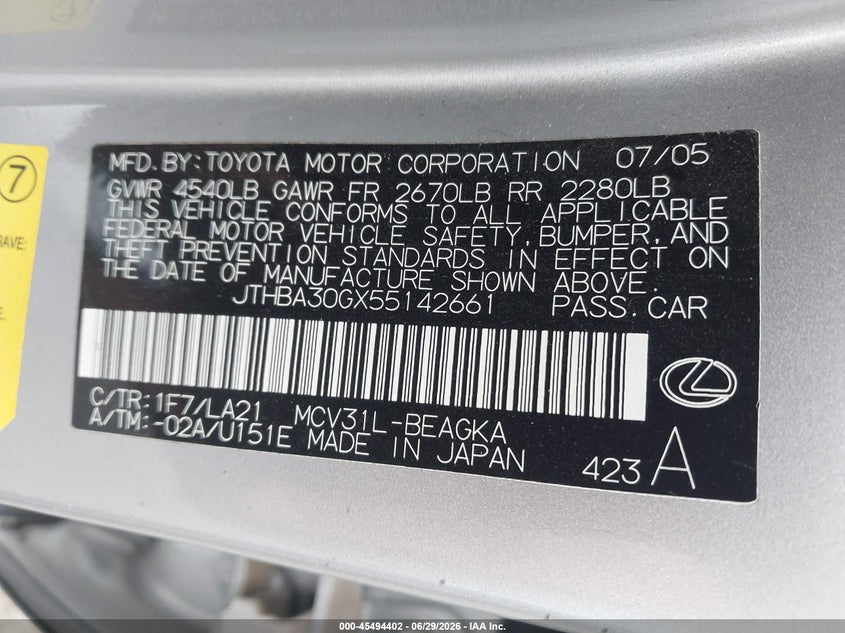 2005 Lexus Es 330 VIN JTHBA30GX55142661 IAAI salvage auction — RIGHT FRONT, Clear (Virginia), sold $1,350 on 2026-07-09 (photo 9)