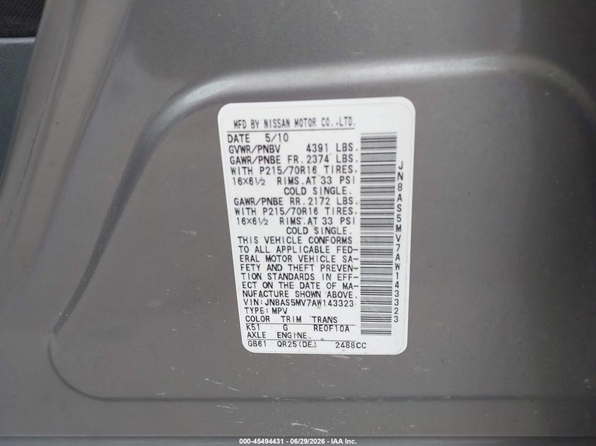 2010 Nissan Rogue sport VIN JN8AS5MV7AW143323 IAAI salvage auction — RIGHT FRONT, Salvage (Pennsylvania), sold $375 on 2026-07-12 (photo 9)