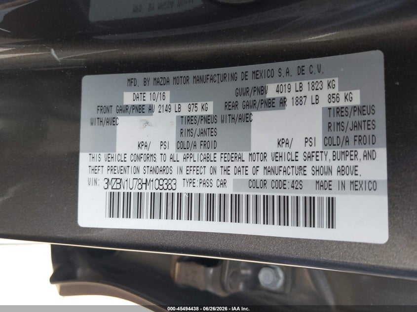 2017 Mazda 3 VIN 3MZBN1U78HM109383 IAAI salvage auction — FRONT END, Salvage - Greater Than 75% (Maryland), sold $1,200 on 2026-07-29 (photo 9)