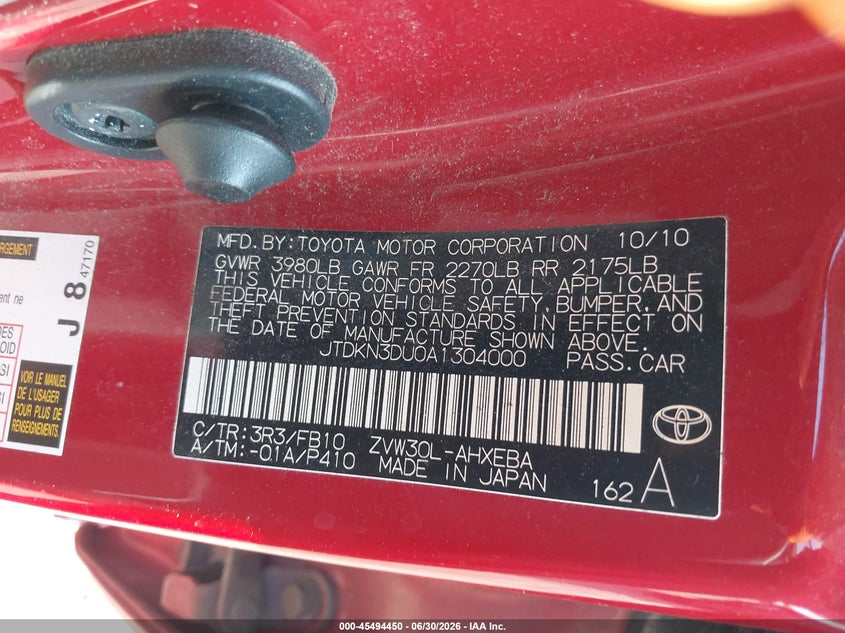 2010 Toyota Prius VIN JTDKN3DU0A1304000 IAAI salvage auction — NORMAL WEAR, Clear (Pennsylvania), sold $425 on 2026-07-17 (photo 9)