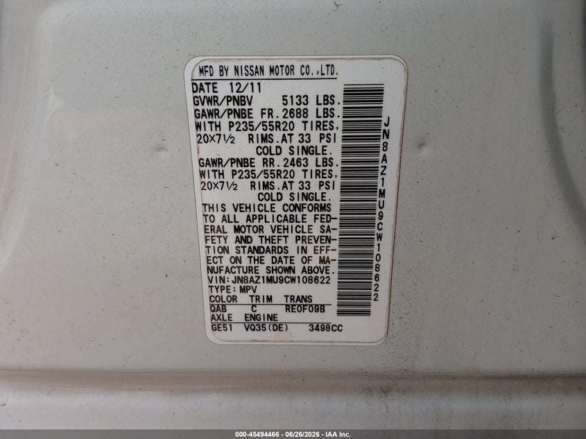 2012 Nissan Murano VIN JN8AZ1MU9CW108622 IAAI salvage auction — FRONT END, Salvage - Greater Than 75% (Maryland), sold $375 on 2026-07-16 (photo 9)