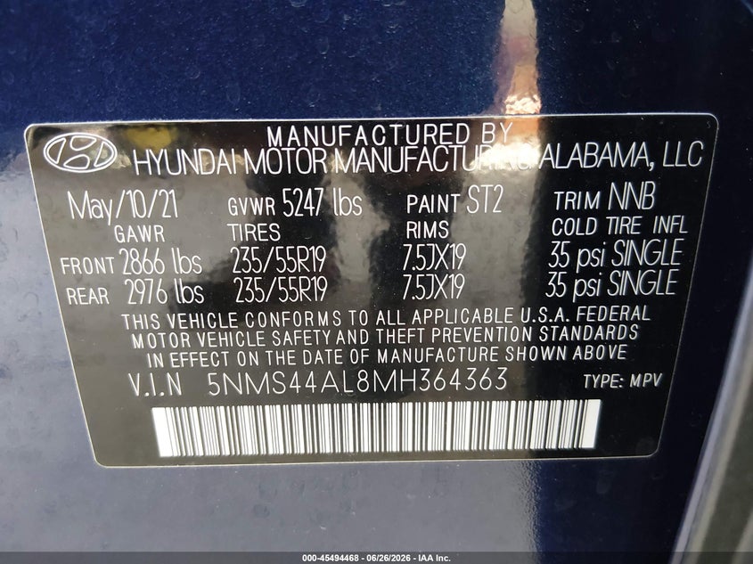 2021 Hyundai Santa fe VIN 5NMS44AL8MH364363 IAAI salvage auction — REAR END, Rebuildable (Florida), sold $7,100 on 2026-07-10 (photo 9)