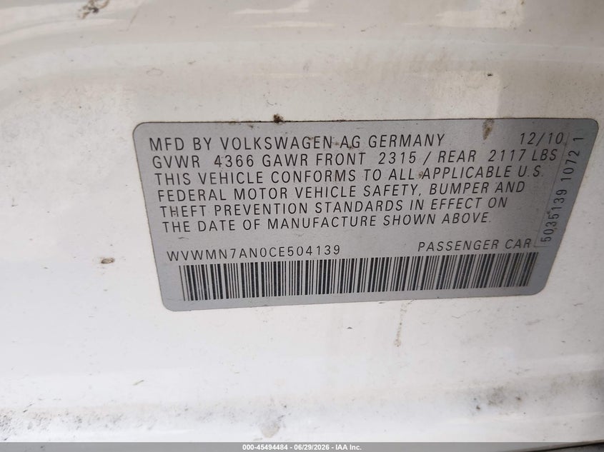 2012 Volkswagen Cc VIN WVWMN7AN0CE504139 IAAI salvage auction — NORMAL WEAR, Clear (Florida), sold $25 on 2026-08-11 (photo 9)