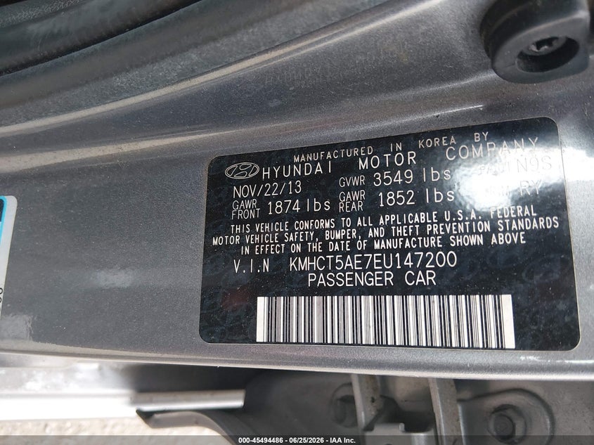 2014 Hyundai Accent VIN KMHCT5AE7EU147200 IAAI salvage auction — NORMAL WEAR, Clear (Louisiana), sold $1,200 on 2026-07-13 (photo 9)