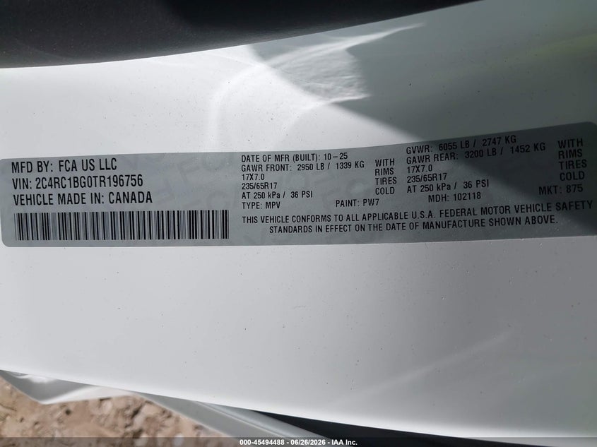 2026 Chrysler Pacifica VIN 2C4RC1BG0TR196756 IAAI salvage auction — LEFT FRONT, Enterprise Vehicles Clear Only (Arizona), sold $16,200 on 2026-08-01 (photo 9)