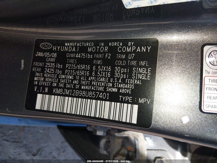 2008 Hyundai Tucson VIN KM8JM12B98U857401 IAAI salvage auction — NORMAL WEAR, Clear-Endorsement (Wisconsin), sold $400 on 2026-07-22 (photo 9)