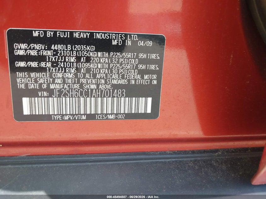 2010 Subaru Forester VIN JF2SH6CC1AH701483 IAAI salvage auction — NORMAL WEAR, Clear (Georgia), sold $350 on 2026-07-28 (photo 9)
