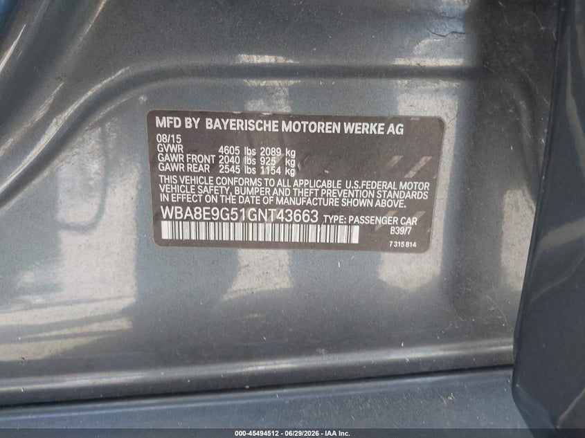 2016 BMW 3er VIN WBA8E9G51GNT43663 IAAI salvage auction — UNKNOWN, Clear - Dealer Only (California), sold $1,900 on 2026-07-22 (photo 9)
