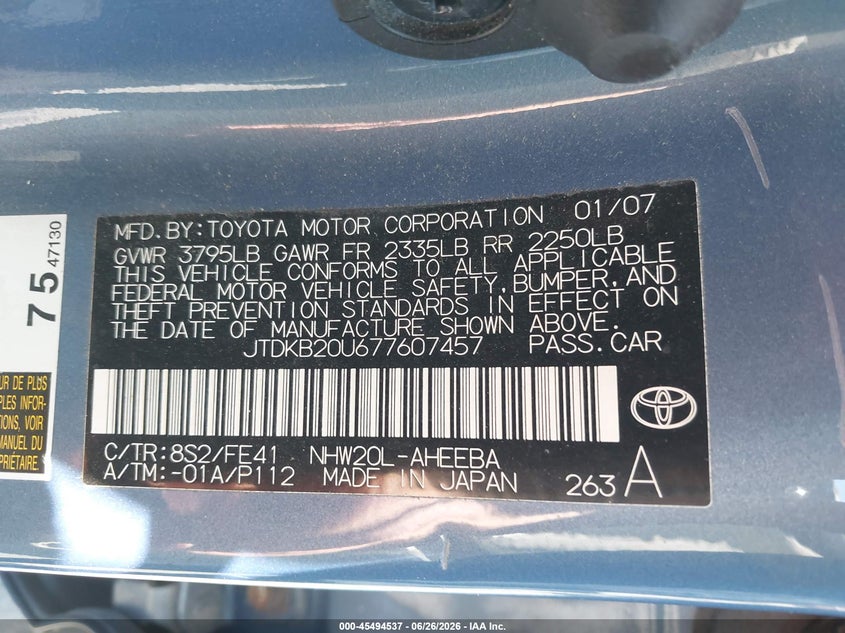 2007 Toyota Prius VIN JTDKB20U677607457 IAAI salvage auction — SIDE, Salvage Certificate (California), sold $1,100 on 2026-07-17 (photo 9)