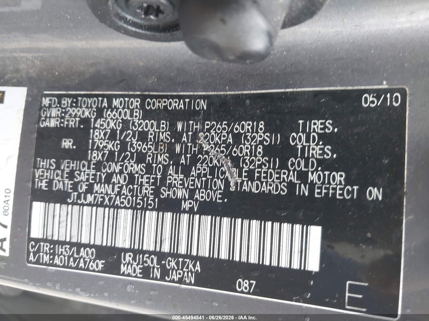 2010 Lexus Gx 460 VIN JTJJM7FX7A5015151 IAAI salvage auction — NORMAL WEAR, Original (Ohio), sold $4,450 on 2026-07-14 (photo 9)