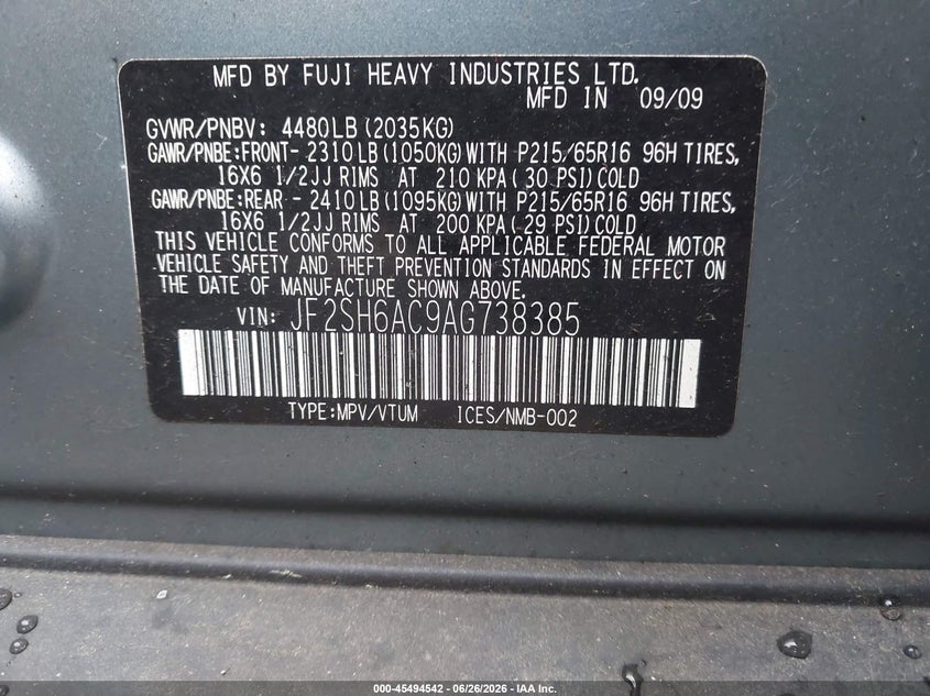2010 Subaru Forester VIN JF2SH6AC9AG738385 IAAI salvage auction — NORMAL WEAR, Clear (Washington), sold $575 on 2026-07-08 (photo 9)