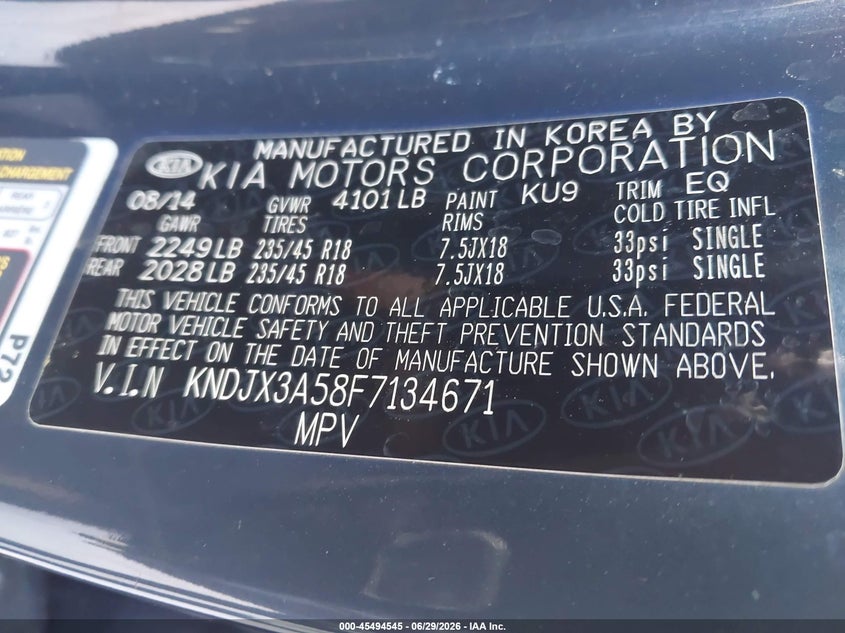 2015 Kia Soul VIN KNDJX3A58F7134671 IAAI salvage auction — NORMAL WEAR, Clear (Florida), sold $925 on 2026-07-08 (photo 9)