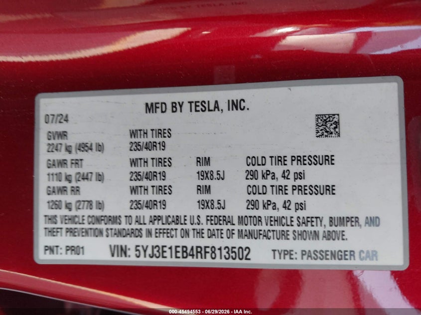 2024 Tesla Model 3 VIN 5YJ3E1EB4RF813502 IAAI salvage auction — REAR END, Salvage Title, sold $13,400 on 2026-08-02 (photo 9)