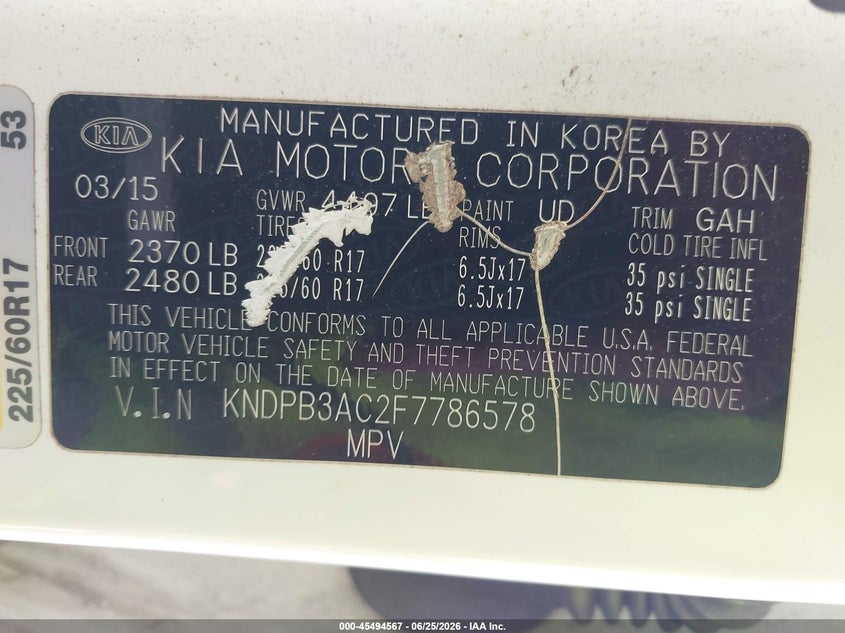 2015 Kia Sportage VIN KNDPB3AC2F7786578 IAAI salvage auction — NORMAL WEAR, Clear (Maryland), sold $1,150 on 2026-07-23 (photo 9)