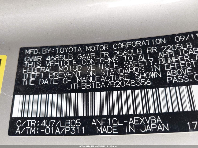 2011 Lexus Hs 250h VIN JTHBB1BA7B2048356 IAAI salvage auction — RIGHT SIDE, Clear (Indiana), sold $2,100 on 2026-07-15 (photo 9)