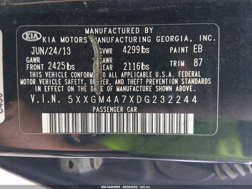 2013 Kia Optima VIN 5XXGM4A7XDG232244 IAAI salvage auction — FRONT END, Salvage (West Virginia), sold $300 on 2026-07-30 (photo 9)
