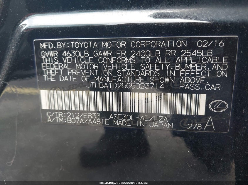 2016 Lexus Is VIN JTHBA1D25G5023714 IAAI salvage auction — LEFT REAR, Rebuildable (Florida), sold $2,550 on 2026-07-30 (photo 9)
