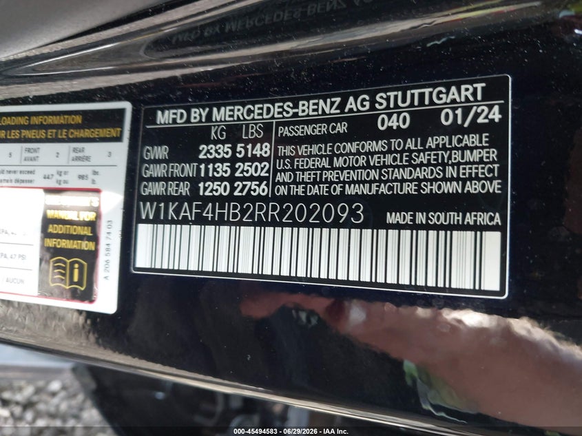 2024 Mercedes-benz C-klasse VIN W1KAF4HB2RR202093 IAAI salvage auction — LEFT FRONT, Salvage (South Carolina), sold $14,000 on 2026-08-02 (photo 9)