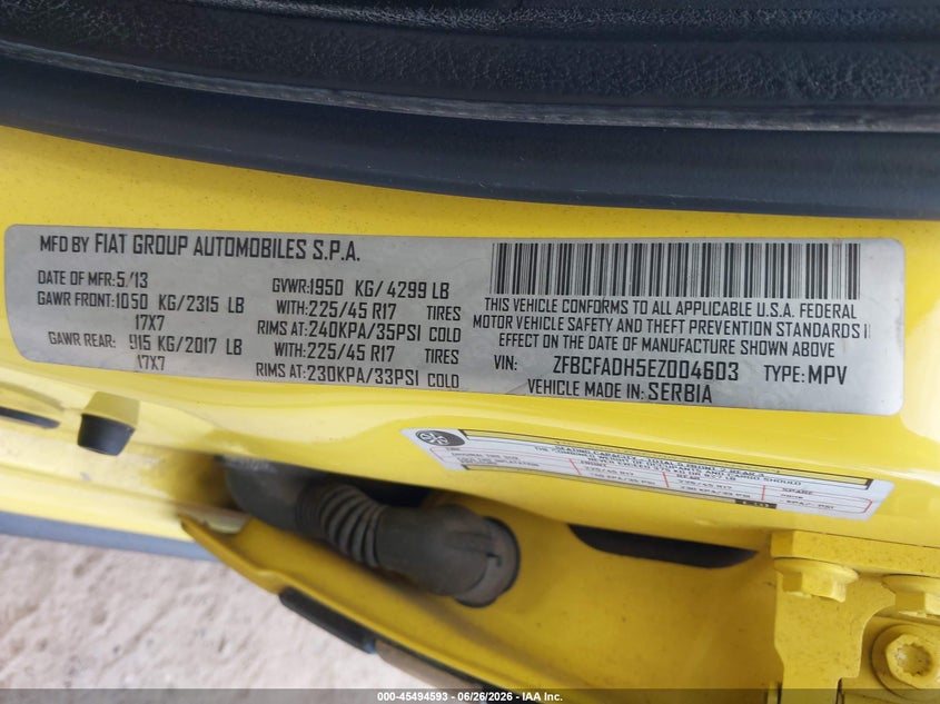 2014 Fiat 500l VIN ZFBCFADH5EZ004603 IAAI salvage auction — REAR END, Rebuildable (Florida), sold $850 on 2026-07-11 (photo 9)