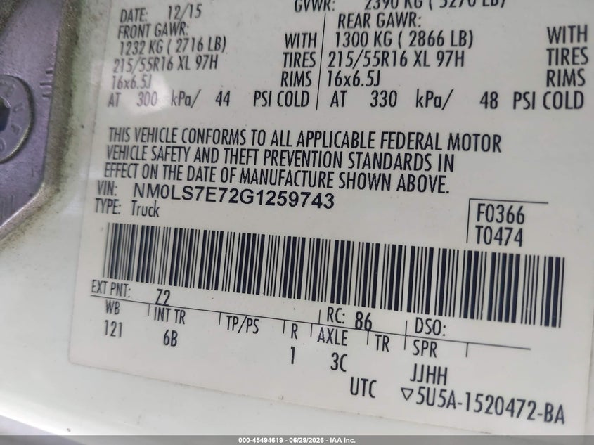 2016 Ford Transit VIN NM0LS7E72G1259743 IAAI salvage auction — NORMAL WEAR, Clear (Virginia), sold $2,325 on 2026-07-09 (photo 9)