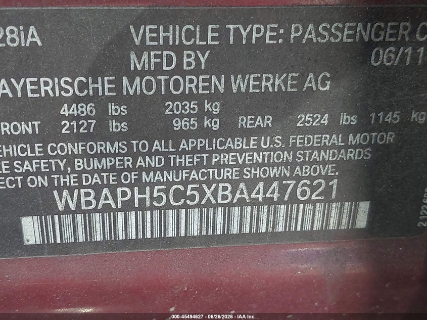 2011 BMW 3 series VIN WBAPH5C5XBA447621 IAAI salvage auction — NORMAL WEAR, Clear - Dealer Only (California), sold $1,000 on 2026-07-08 (photo 9)