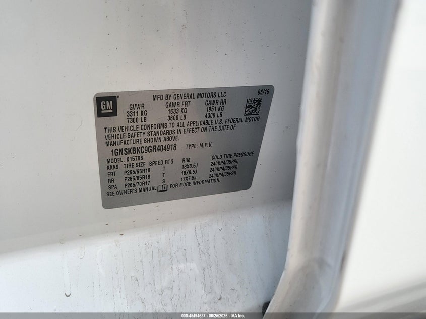 2016 Chevrolet Tahoe VIN 1GNSKBKC9GR404918 IAAI salvage auction — NORMAL WEAR, Clear (Arizona), sold $7,100 on 2026-07-19 (photo 9)