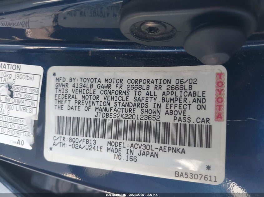 2002 Toyota Camry VIN JTDBE32K220123652 IAAI salvage auction — RIGHT REAR, Salvage (Arizona), sold $400 on 2026-07-28 (photo 9)