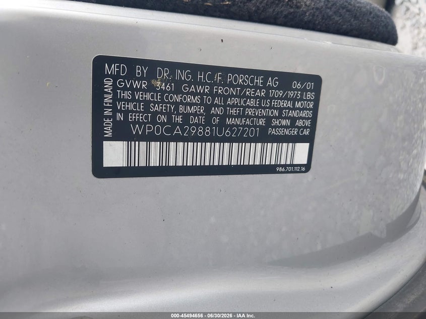 2001 Porsche Boxster VIN WP0CA29881U627201 IAAI salvage auction — SIDE, Salvage (South Carolina), sold $2,350 on 2026-08-02 (photo 9)