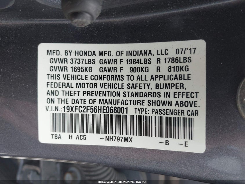 2017 Honda Civic VIN 19XFC2F56HE068001 IAAI salvage auction — REAR END, Salvage Title, sold $3,650 on 2026-07-19 (photo 9)