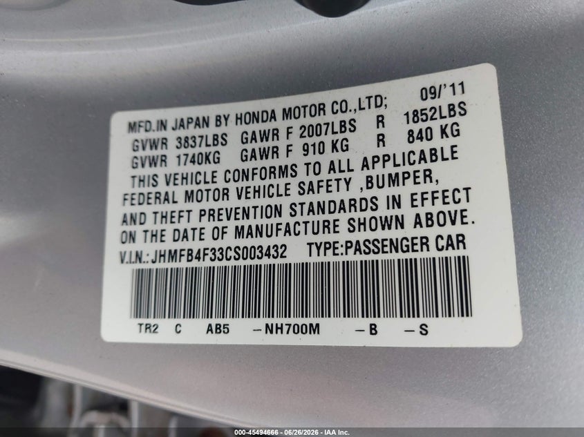 2012 Honda Civic VIN JHMFB4F33CS003432 IAAI salvage auction — NORMAL WEAR, Clear (Virginia), sold $550 on 2026-07-21 (photo 9)