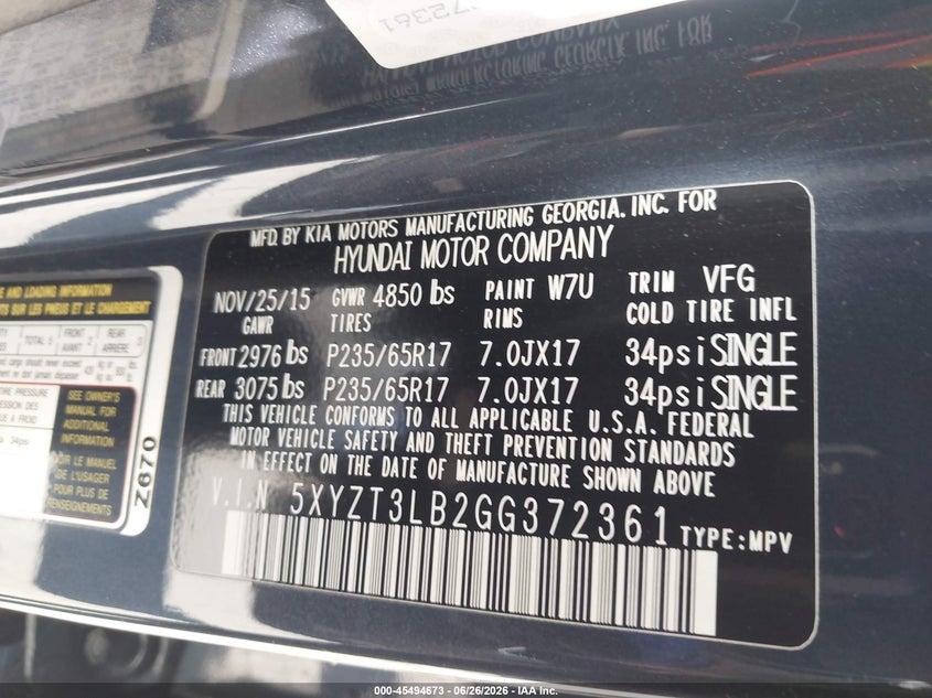 2016 Hyundai Santa fe VIN 5XYZT3LB2GG372361 IAAI salvage auction — NORMAL WEAR, Clear - Dealer Only (California), sold $1,600 on 2026-07-07 (photo 9)