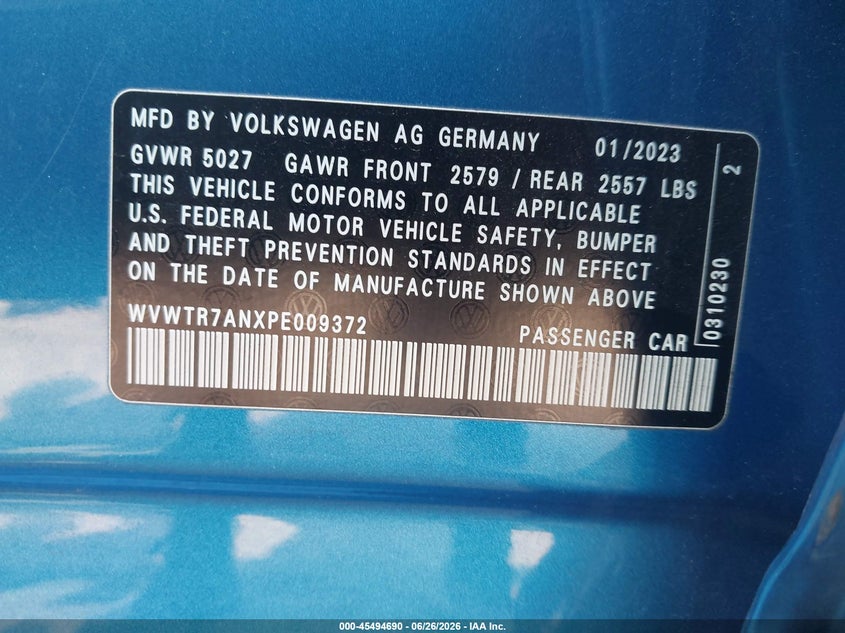 2023 Volkswagen Arteon VIN WVWTR7ANXPE009372 IAAI salvage auction — UNKNOWN, Salvage Title, sold $7,300 on 2026-08-26 (photo 9)