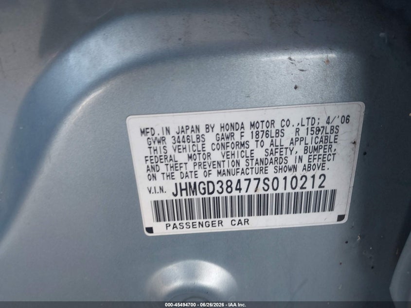 2007 Honda Fit VIN JHMGD38477S010212 IAAI salvage auction — FRONT END, Salvage (California), sold $675 on 2026-07-28 (photo 9)