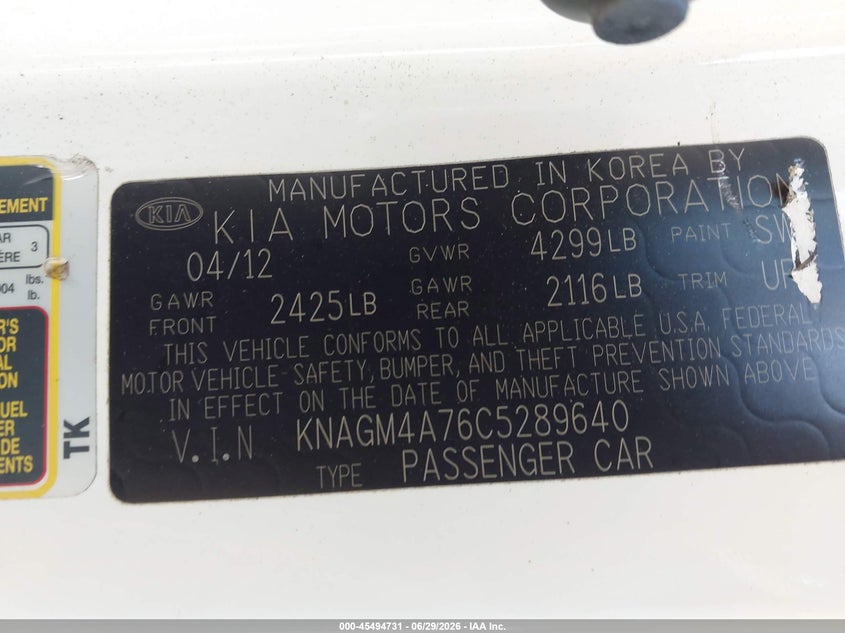 2012 Kia Optima VIN KNAGM4A76C5289640 IAAI salvage auction — SIDE, Rebuildable (Florida), sold $25 on 2026-07-21 (photo 9)