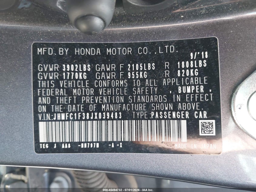 2018 Honda Civic VIN JHMFC1F38JX039483 IAAI salvage auction — LEFT SIDE, Salvage (Ohio), sold $4,150 on 2026-07-29 (photo 9)