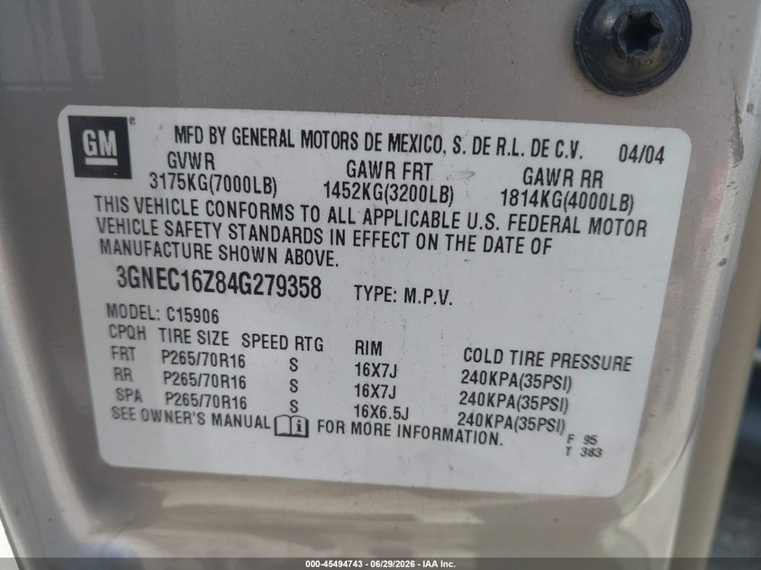 2004 Chevrolet Suburban 1500 VIN 3GNEC16Z84G279358 IAAI salvage auction — NORMAL WEAR, Original (Texas), sold $1,875 on 2026-07-08 (photo 9)