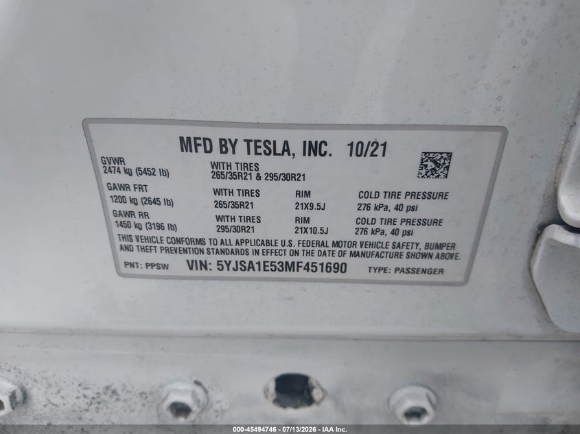 2021 Tesla Model s VIN 5YJSA1E53MF451690 IAAI salvage auction — SIDE, Salvage (Georgia), sold $11,300 on 2026-07-31 (photo 9)